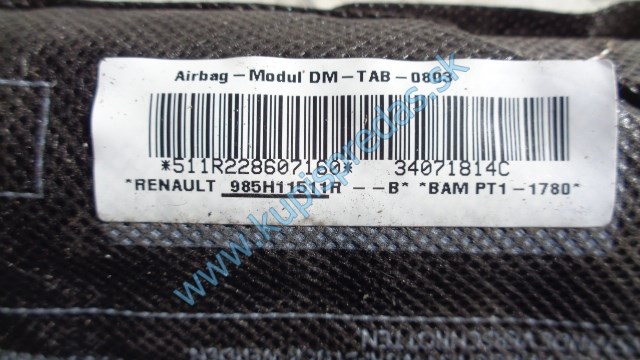 pravý sedečkový airbag na renault fluence, 985H11511R